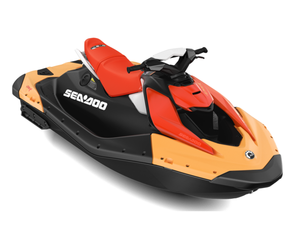Moto de agua biplaza Sea-Doo Spark 2up iBR en el agua. Vista frontal de una moto de agua Sea-Doo Spark 2up iBR. Moto de agua Sea-Doo Spark 2up iBR de color naranja rojo