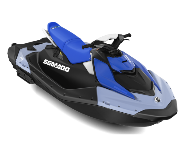 Moto de agua biplaza Sea-Doo Spark 2up iBR en el agua. Vista frontal de una moto de agua Sea-Doo Spark 2up iBR. Moto de agua Sea-Doo Spark 2up iBR de color azul
