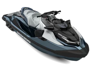 Moto acuática Sea-Doo GTX Limited 2024 sobre una superficie blanca. Vista lateral de una moto acuática Sea-Doo GTX Limited 2024 gris y amarilla. Moto acuática Sea-Doo GTX Limited 2024 en color gris
